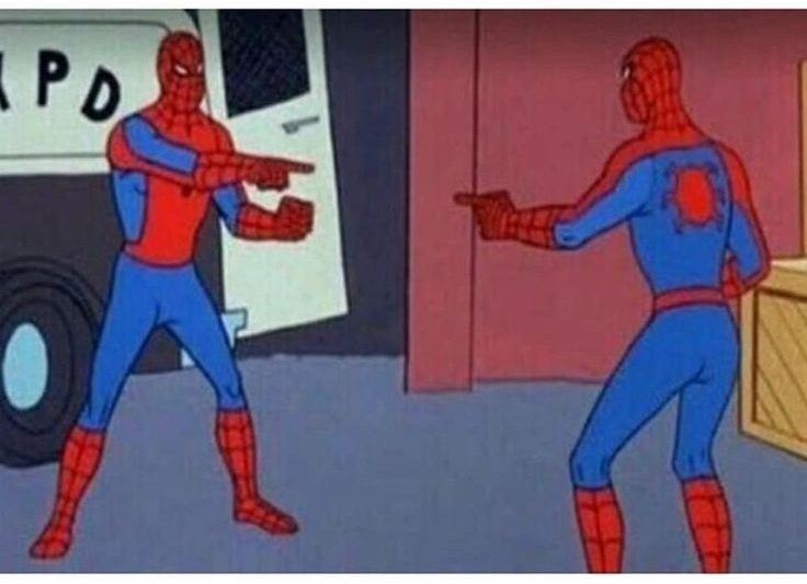 Spidermen pointing at each other