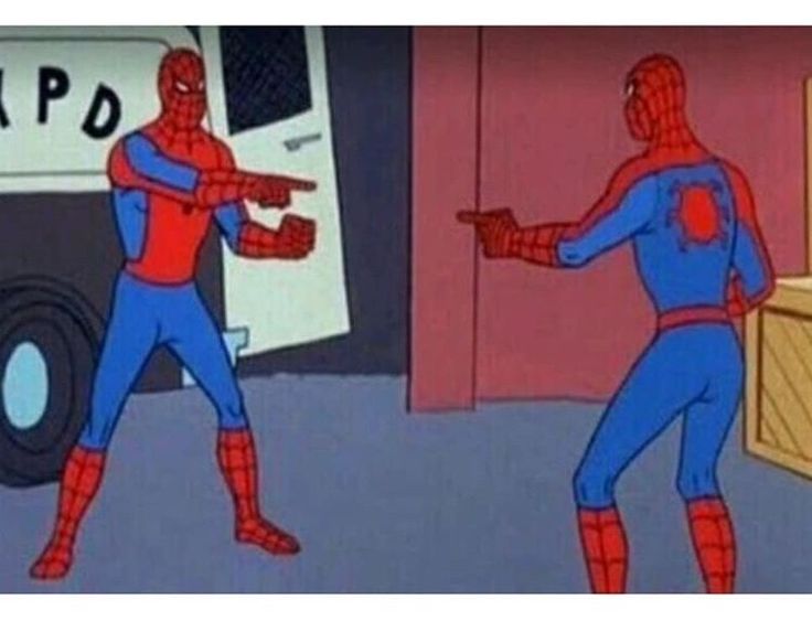 Spidermen pointing at each other